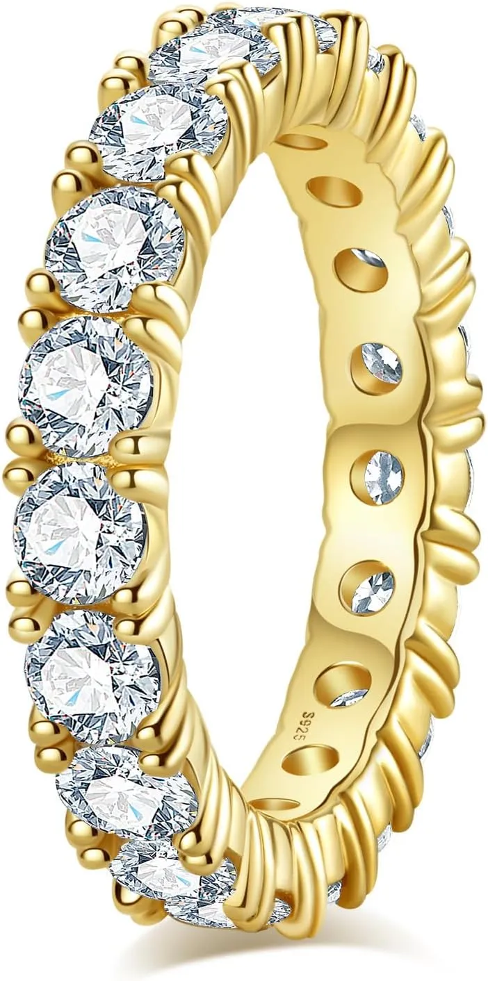 Moissanite Wedding Band 4ct/2.1ct D Color VVS1 Round Cut 14K Yellow Gold Plated 925 Sterling Silver Eternity Band Rings for Women