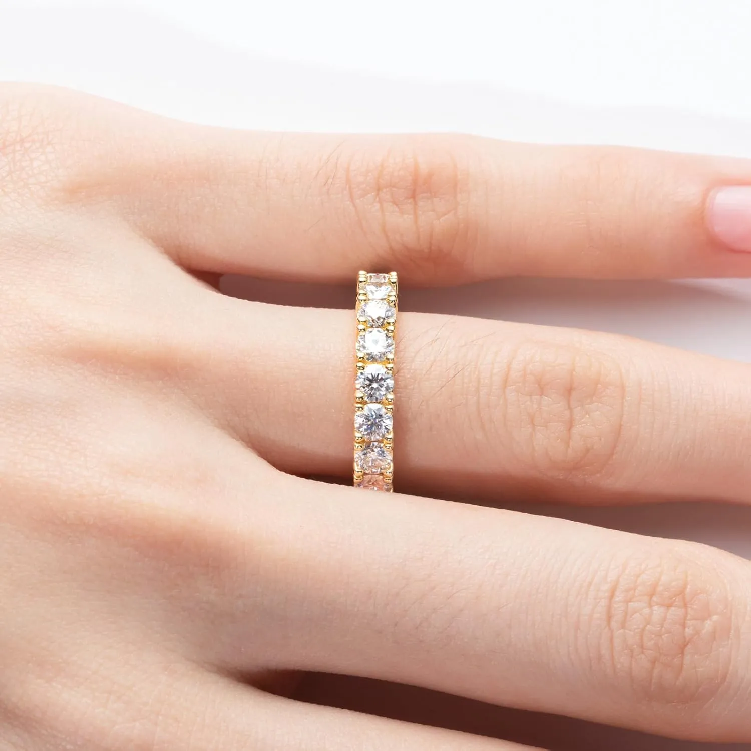 Moissanite Wedding Band 4ct/2.1ct D Color VVS1 Round Cut 14K Yellow Gold Plated 925 Sterling Silver Eternity Band Rings for Women