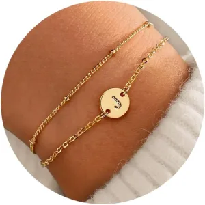MONOZO Initial Bracelets for Women Jewelry Gifts - 18K Gold Plated Letter Initial Bracelet Dainty Disc Letter J Initial Bracelets for Women Gold Bracelets for Women Trendy Jewelry Gifts