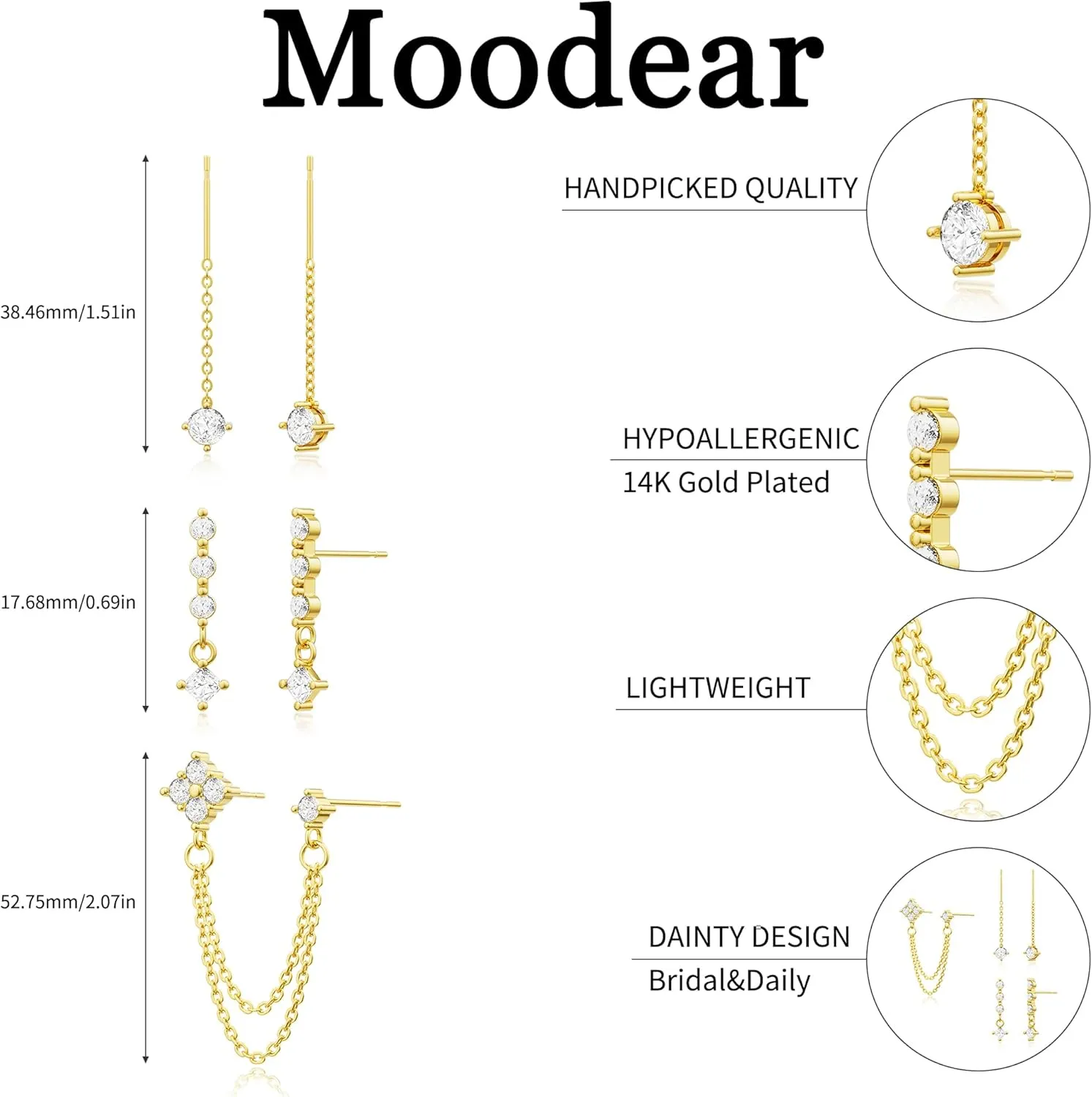 Moodear Gold Dangle Earrings 3/4 Pairs Dainty 14K Gold Plated Chain Earrings for Women Trendy Earring Stacks Set Cubic Zirconia Pearl Hoop Stud Hypoallergenic Earrings for Women Jewelry Gifts