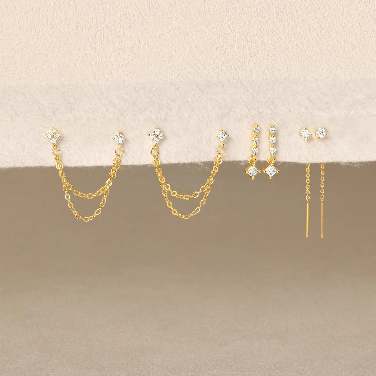Moodear Gold Dangle Earrings 3/4 Pairs Dainty 14K Gold Plated Chain Earrings for Women Trendy Earring Stacks Set Cubic Zirconia Pearl Hoop Stud Hypoallergenic Earrings for Women Jewelry Gifts