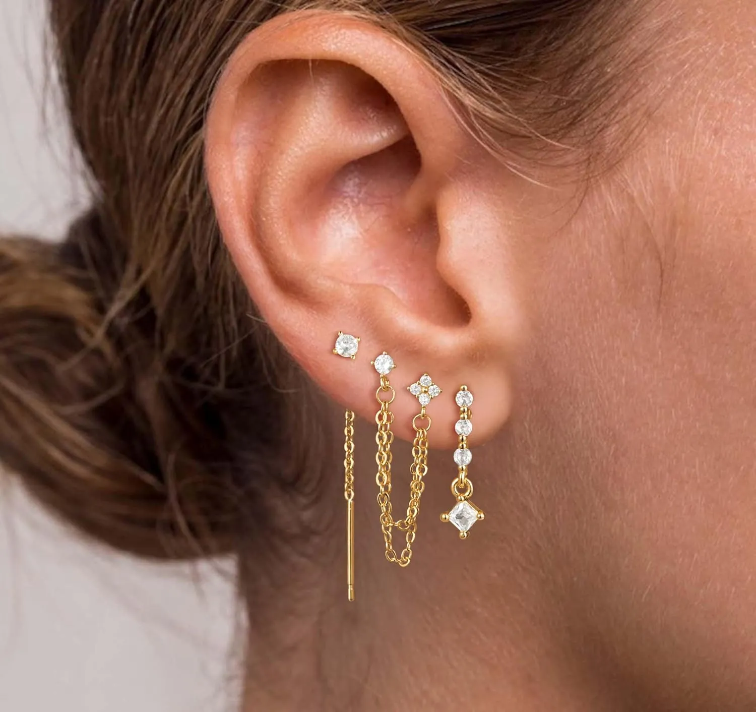 Moodear Gold Dangle Earrings 3/4 Pairs Dainty 14K Gold Plated Chain Earrings for Women Trendy Earring Stacks Set Cubic Zirconia Pearl Hoop Stud Hypoallergenic Earrings for Women Jewelry Gifts