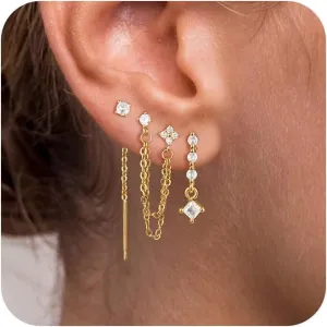 Moodear Gold Dangle Earrings 3/4 Pairs Dainty 14K Gold Plated Chain Earrings for Women Trendy Earring Stacks Set Cubic Zirconia Pearl Hoop Stud Hypoallergenic Earrings for Women Jewelry Gifts