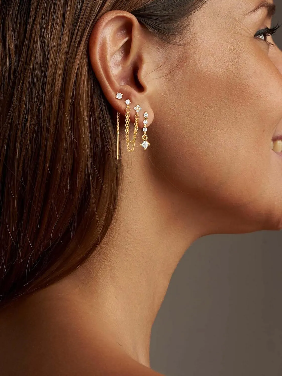 Moodear Gold Dangle Earrings 3/4 Pairs Dainty 14K Gold Plated Chain Earrings for Women Trendy Earring Stacks Set Cubic Zirconia Pearl Hoop Stud Hypoallergenic Earrings for Women Jewelry Gifts