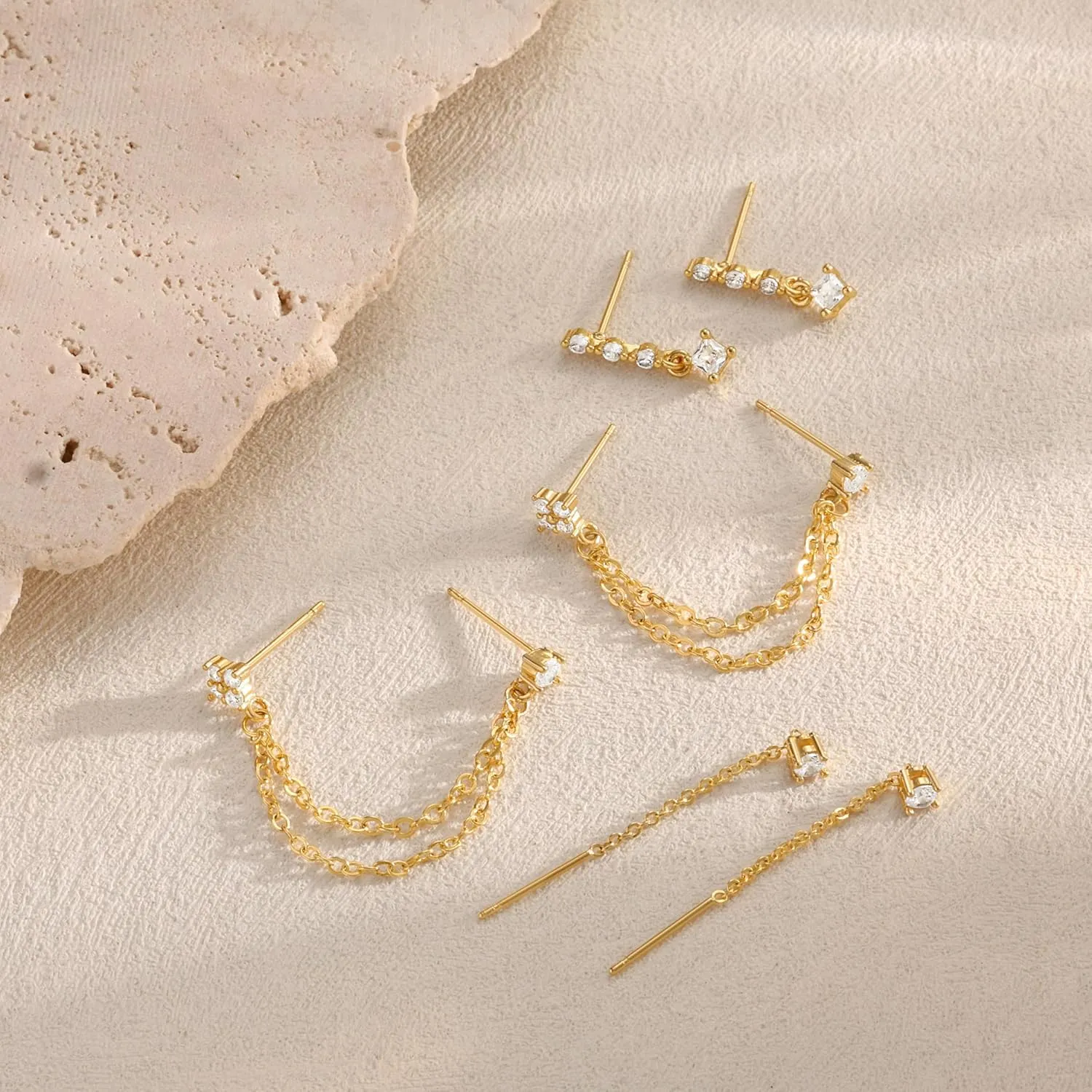 Moodear Gold Dangle Earrings 3/4 Pairs Dainty 14K Gold Plated Chain Earrings for Women Trendy Earring Stacks Set Cubic Zirconia Pearl Hoop Stud Hypoallergenic Earrings for Women Jewelry Gifts