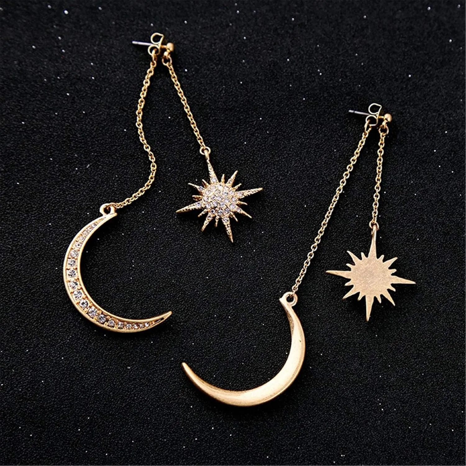 Moon and Star Earrings, Bohemian Asymmetrical Sun Moon Star Dangle Earrings Fashion Long Drop Dangle Stud Earrings Punk Jewelry Gifts for Women