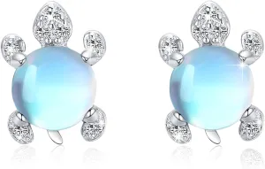 Moonstone Sea Turtle Earrings - 925 Sterling Silver Ocean Animal Stud Earrings for Girls - Hypoallergenic Jewelry for Women