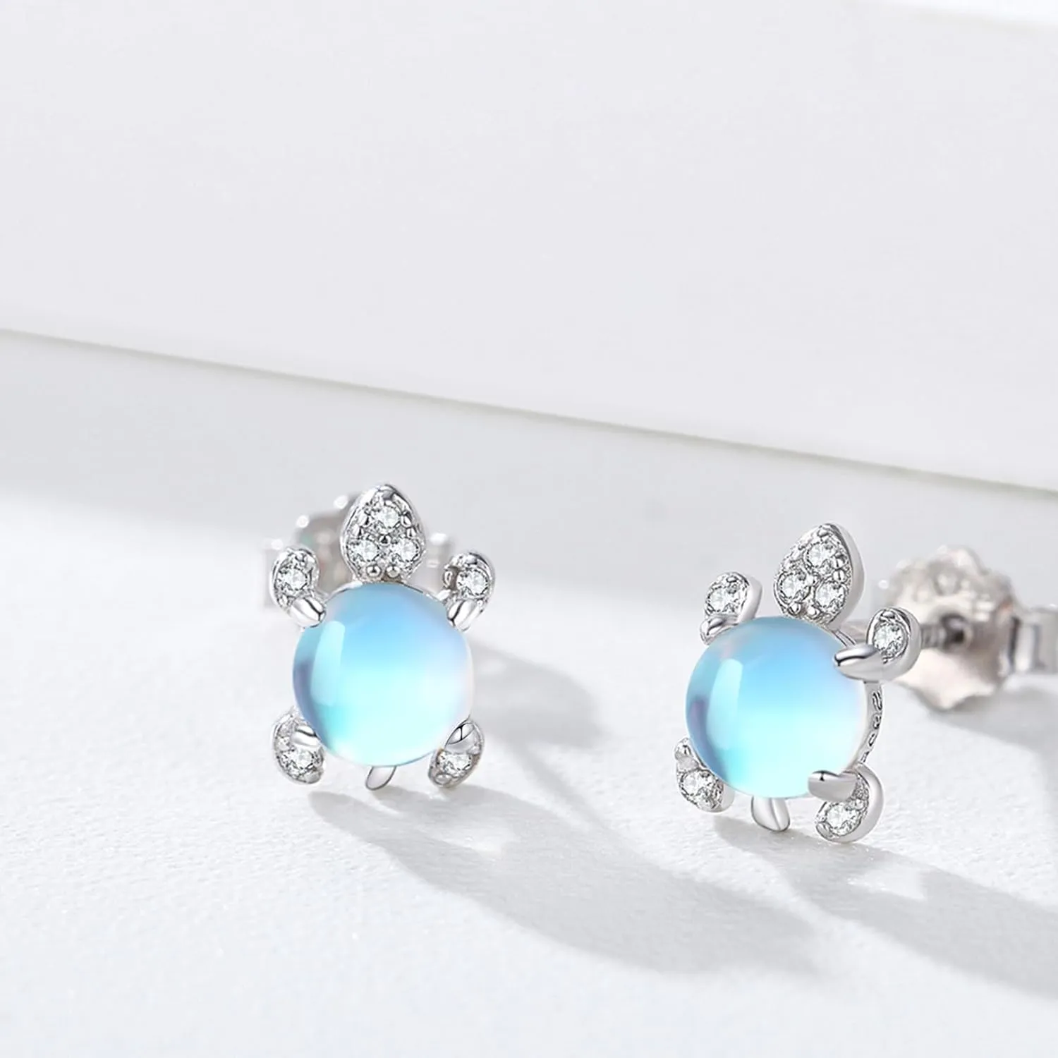 Moonstone Sea Turtle Earrings - 925 Sterling Silver Ocean Animal Stud Earrings for Girls - Hypoallergenic Jewelry for Women