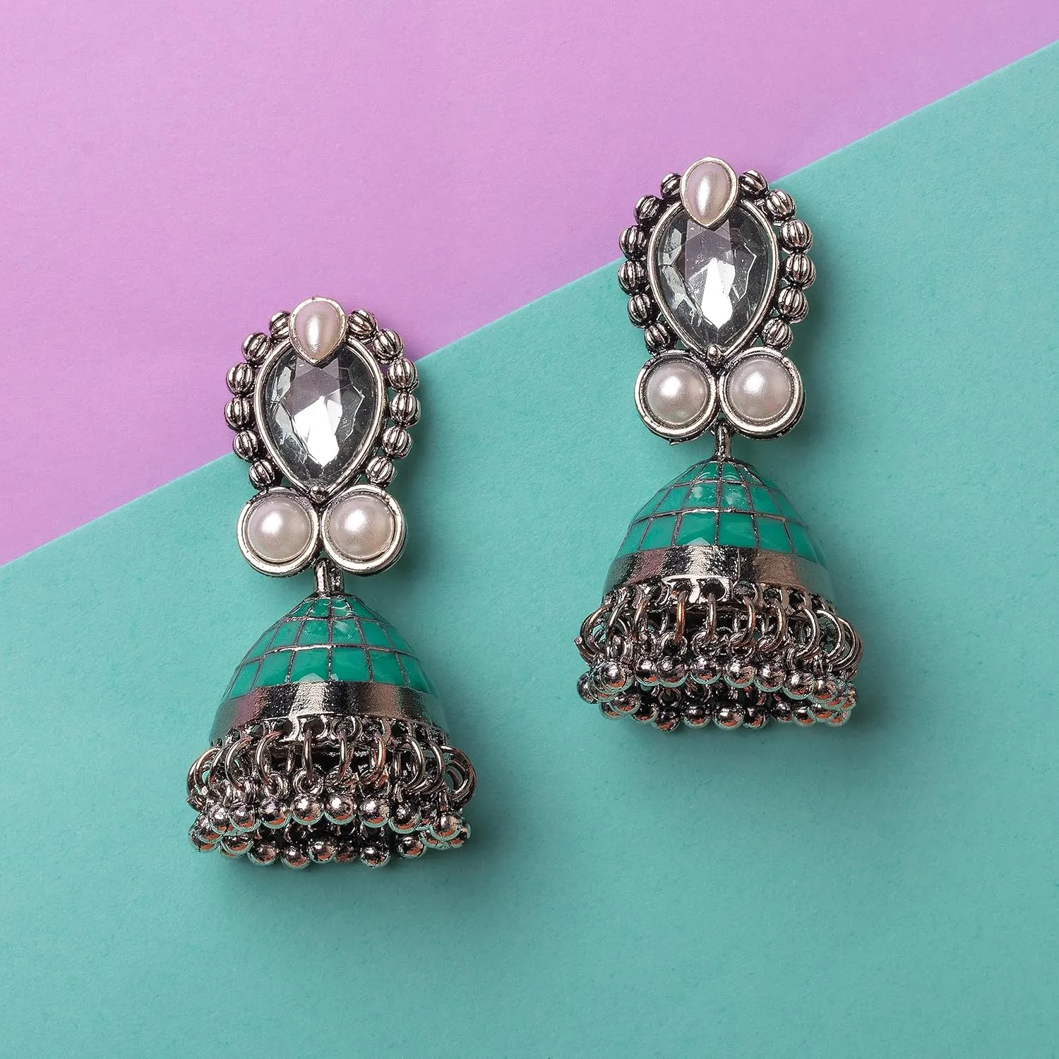 Moonstruck Traditional Indian Golden Minakari Jhumka Earrings With Stones And Pearls for Women