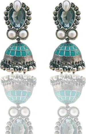 Moonstruck Traditional Indian Golden Minakari Jhumka Earrings With Stones And Pearls for Women