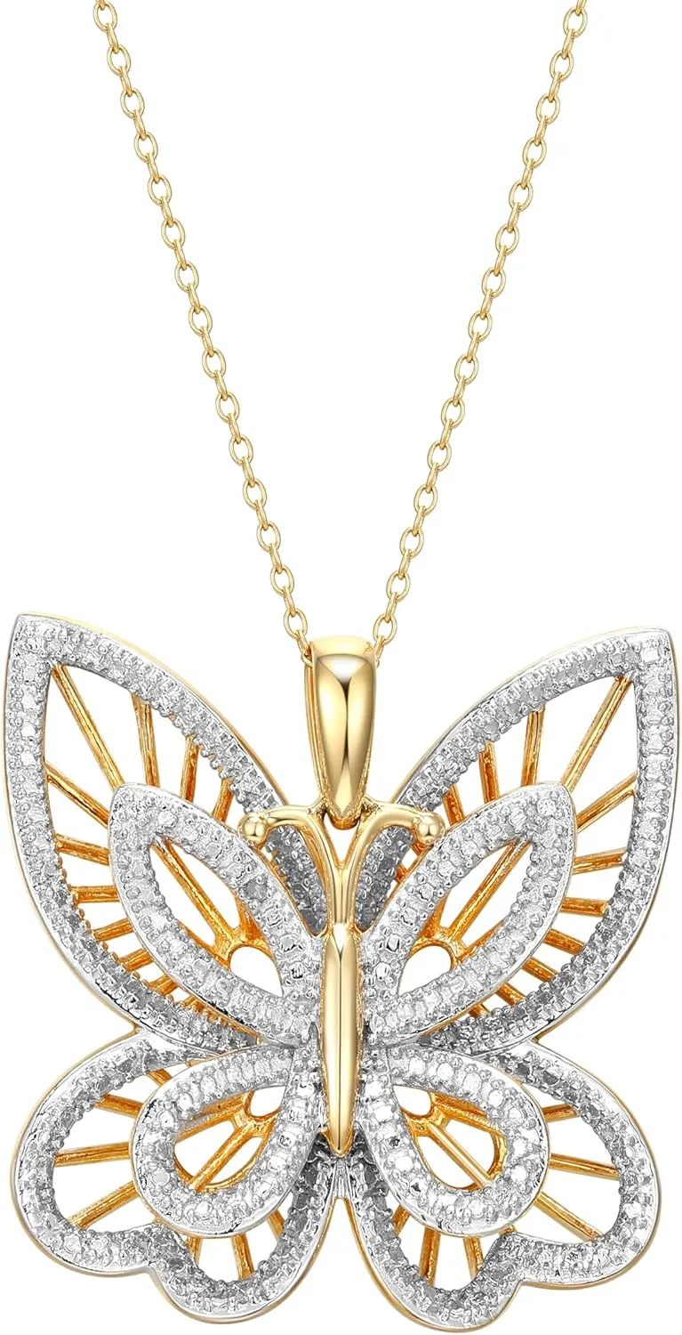 MORGAN & PAIGE .925 Sterling Silver 18K Gold Plated Butterfly Necklace with Diamond Accent - Elegant Filigree Gold Necklace for Women Diamond Pendant Butterfly Gifts for Women, 18 inch