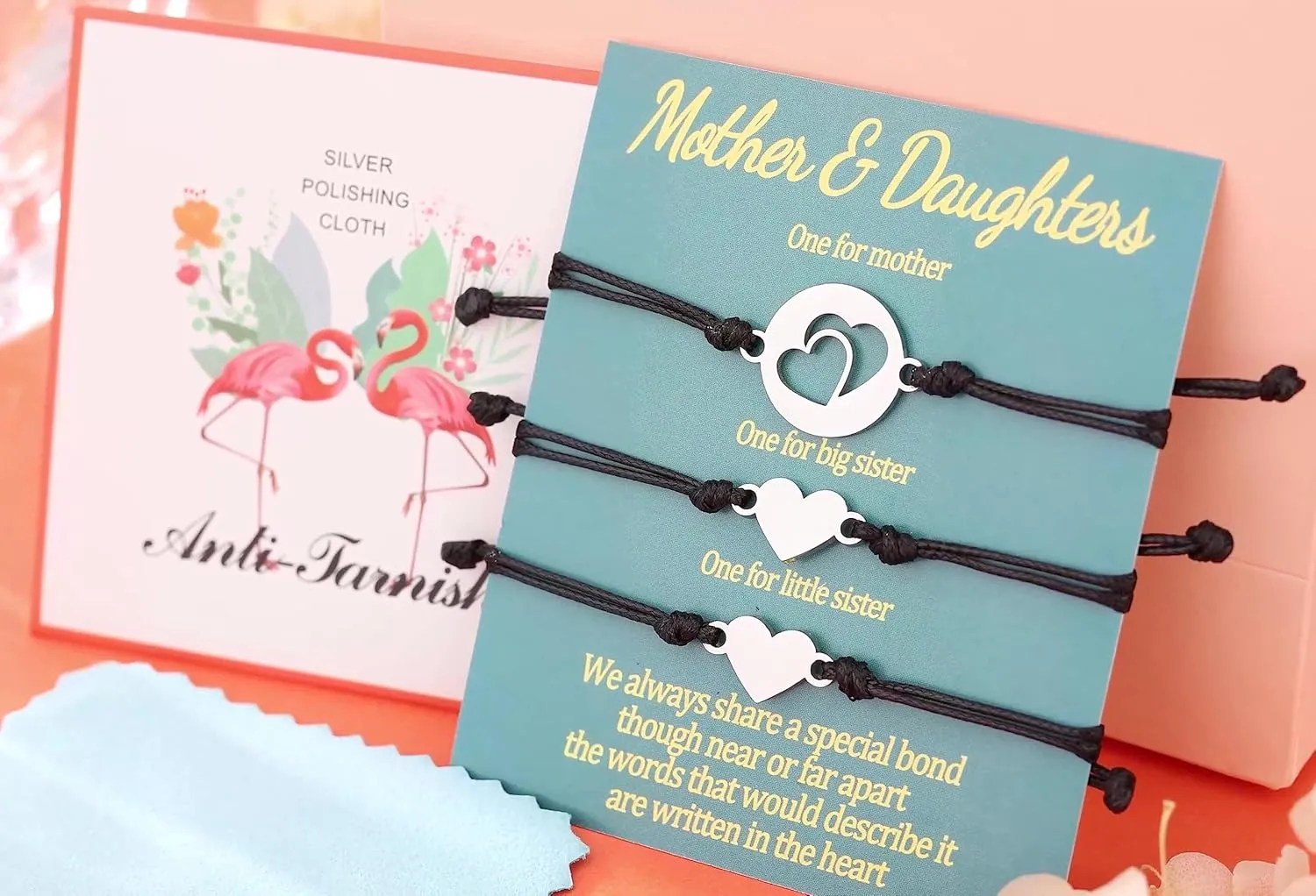 Mother & Daughters Matching Bracelets - Set of 4 Heart Love Bracelets for Family, Mom & Me Gifts, Mothers Day Jewelry
