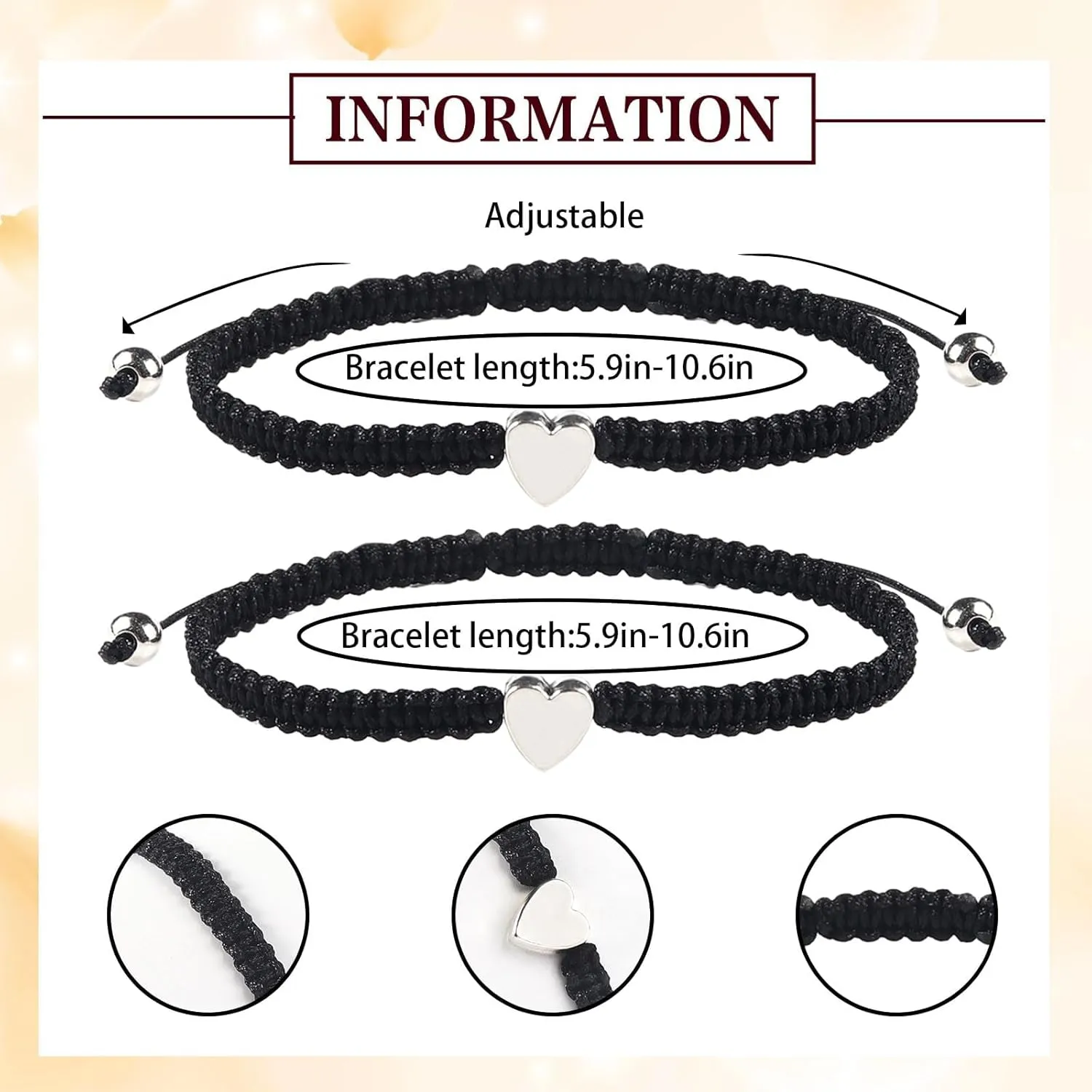 Mother's Day Gifts Mother Daughter Bracelets, 2Pcs Heart Charm Long Disdance Black String Bracelet for Women Men, Adjustable Rope Braided Jewelry for Friendship Couples Family