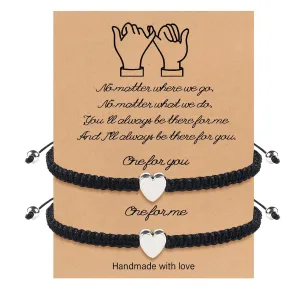 Mother's Day Gifts Mother Daughter Bracelets, 2Pcs Heart Charm Long Disdance Black String Bracelet for Women Men, Adjustable Rope Braided Jewelry for Friendship Couples Family