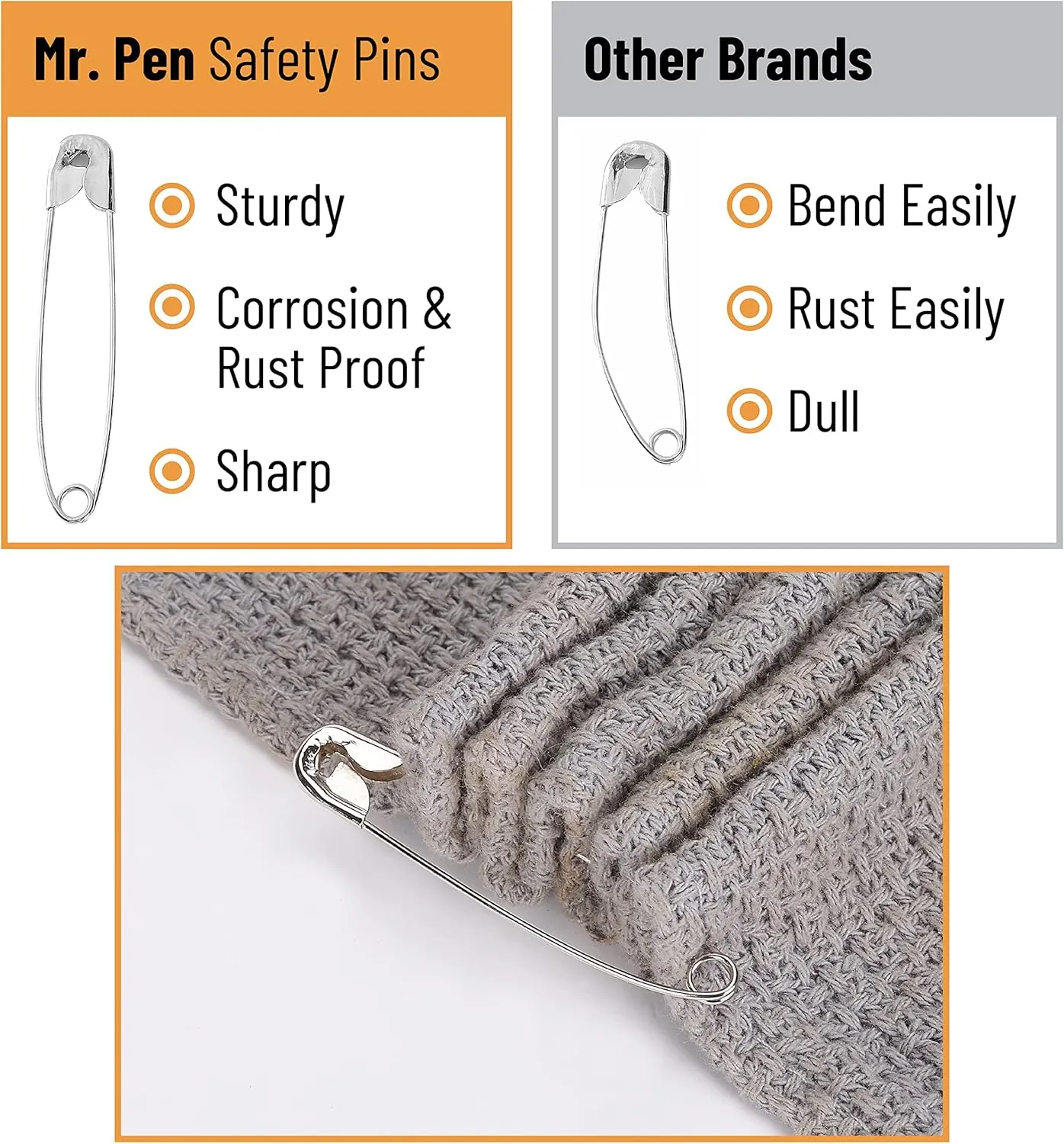 Mr. Pen Assorted Safety Pins - 300 Pack, Silver, Small & Large Sizes, Bulk for Clothes
