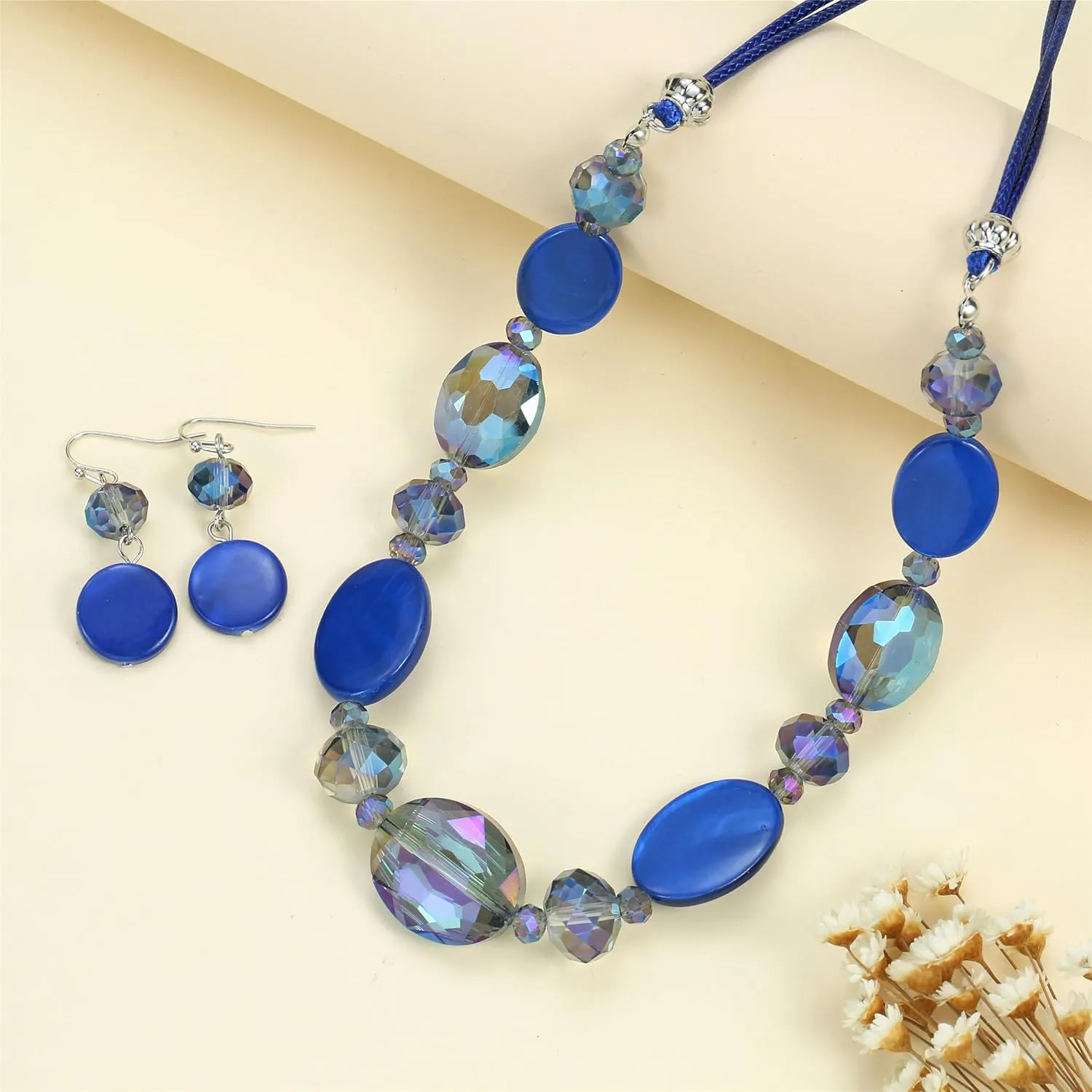 Multi Color Beaded Statement Necklace and Earrings for women Shiny Crystal Stone Beads Choker