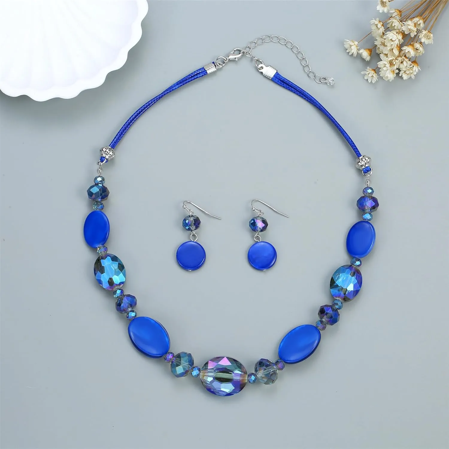 Multi Color Beaded Statement Necklace and Earrings for women Shiny Crystal Stone Beads Choker