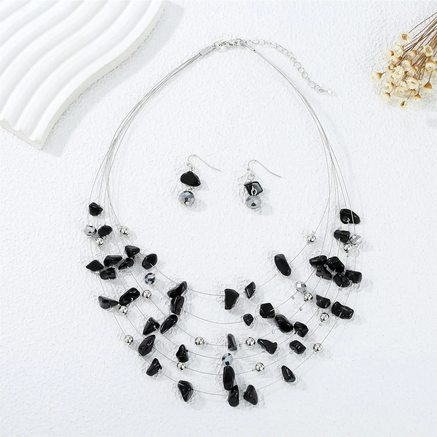 Multi Layered Natural Chips Beads illusion Jewelry Set Colorful Crystal Beaded Necklace and Earrings Costume Statement Jewelry for Holiday Party and Gifts