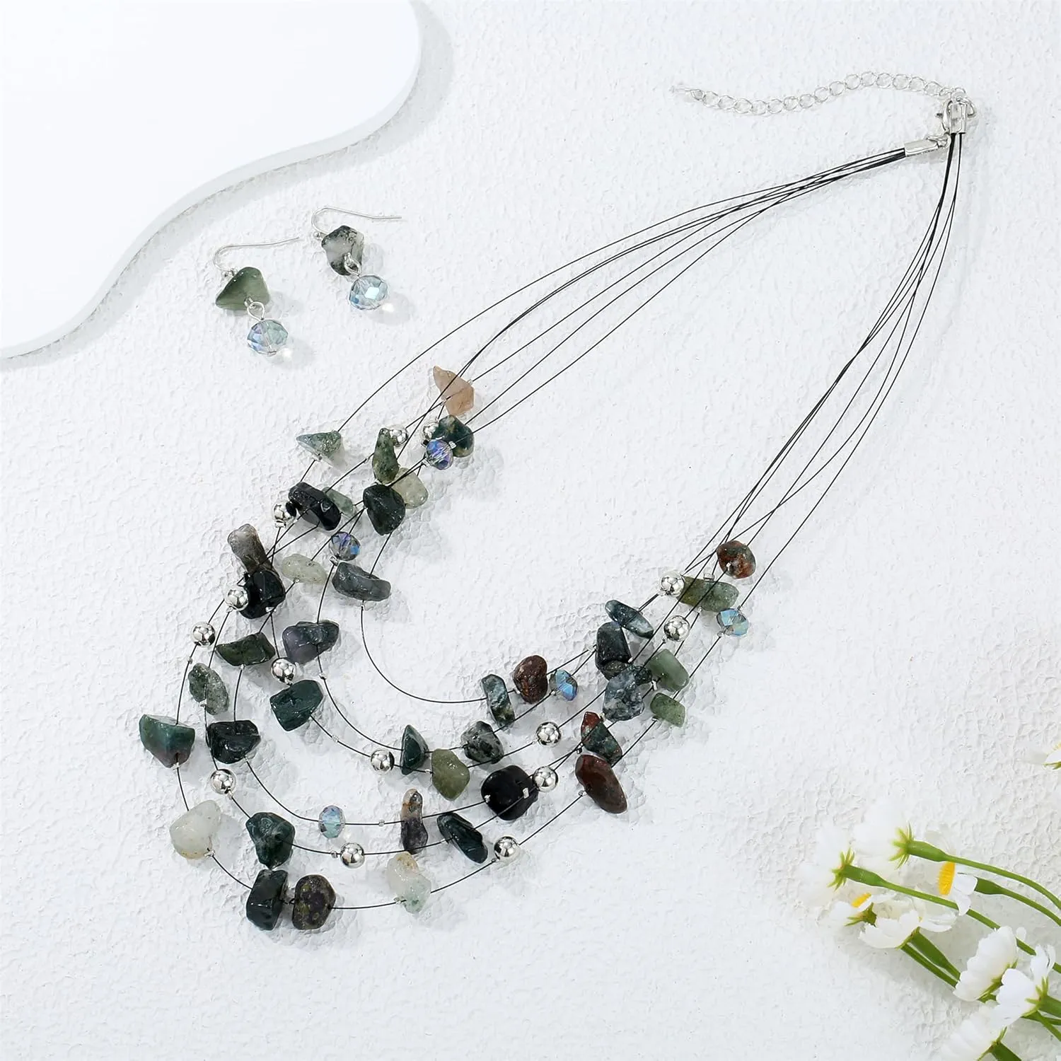 Multi Layered Natural Chips Beads illusion Jewelry Set Colorful Crystal Beaded Necklace and Earrings Costume Statement Jewelry for Holiday Party and Gifts