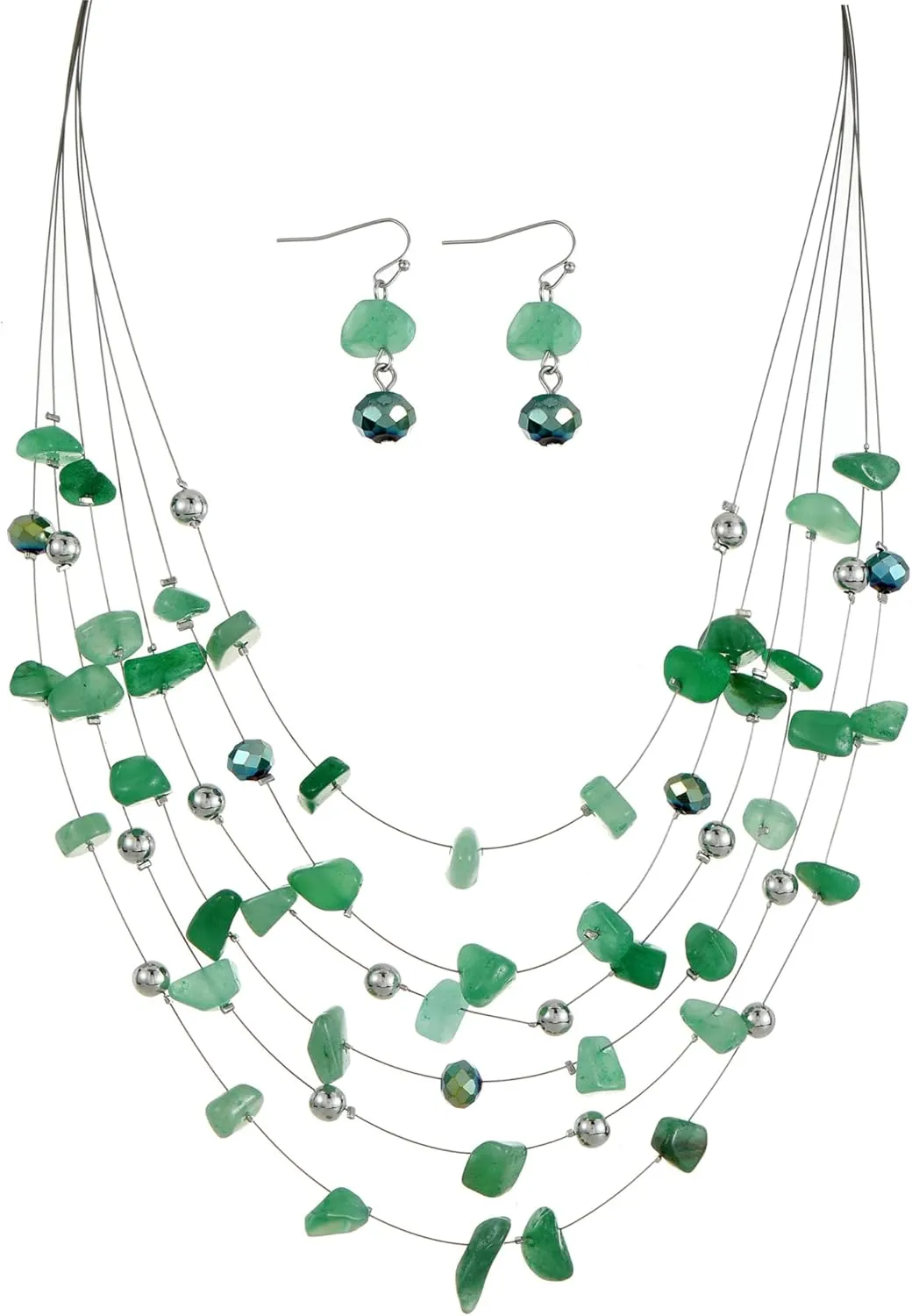 Multi Layered Natural Chips Beads illusion Jewelry Set Colorful Crystal Beaded Necklace and Earrings Costume Statement Jewelry for Holiday Party and Gifts