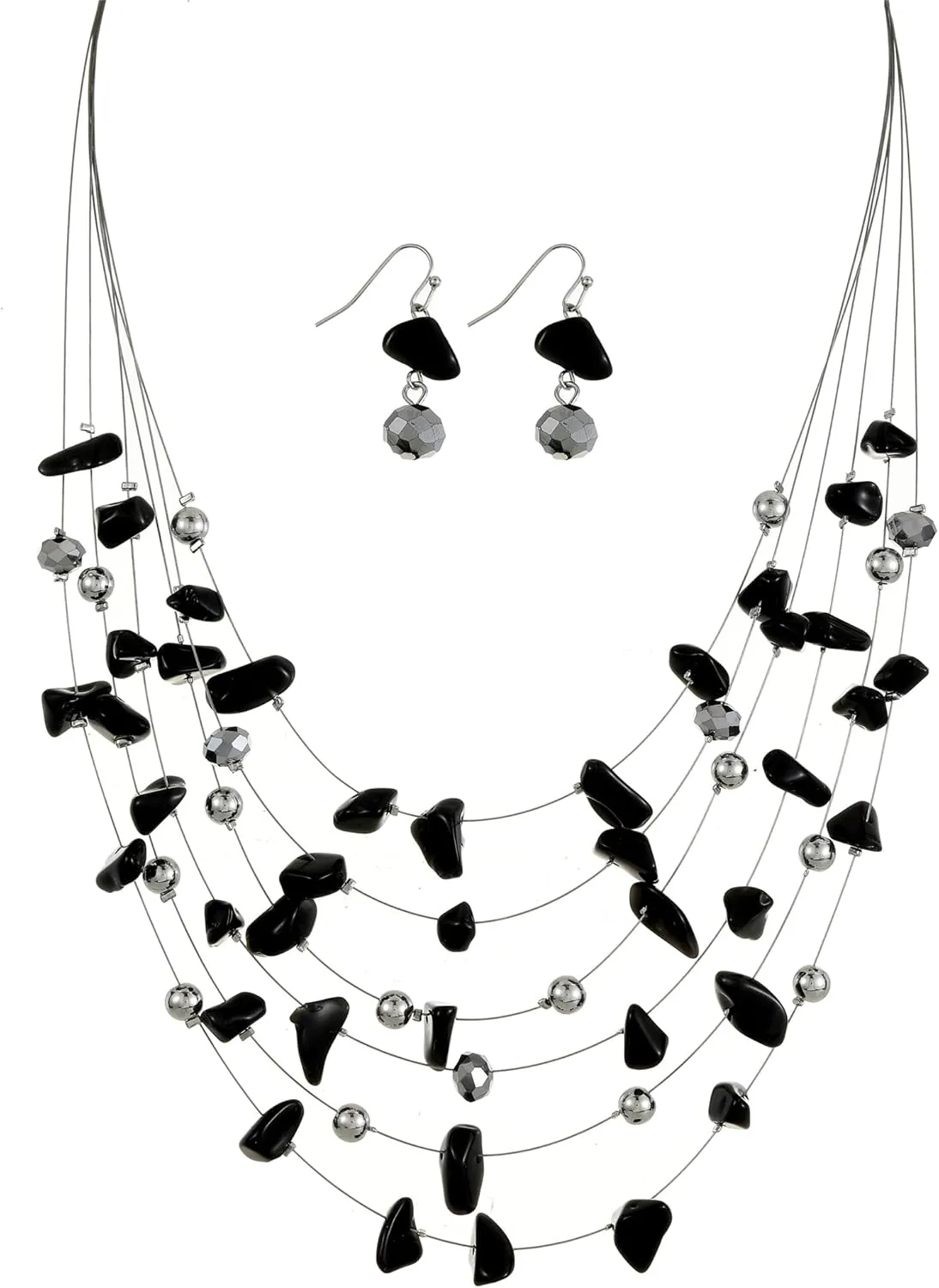Multi Layered Natural Chips Beads illusion Jewelry Set Colorful Crystal Beaded Necklace and Earrings Costume Statement Jewelry for Holiday Party and Gifts