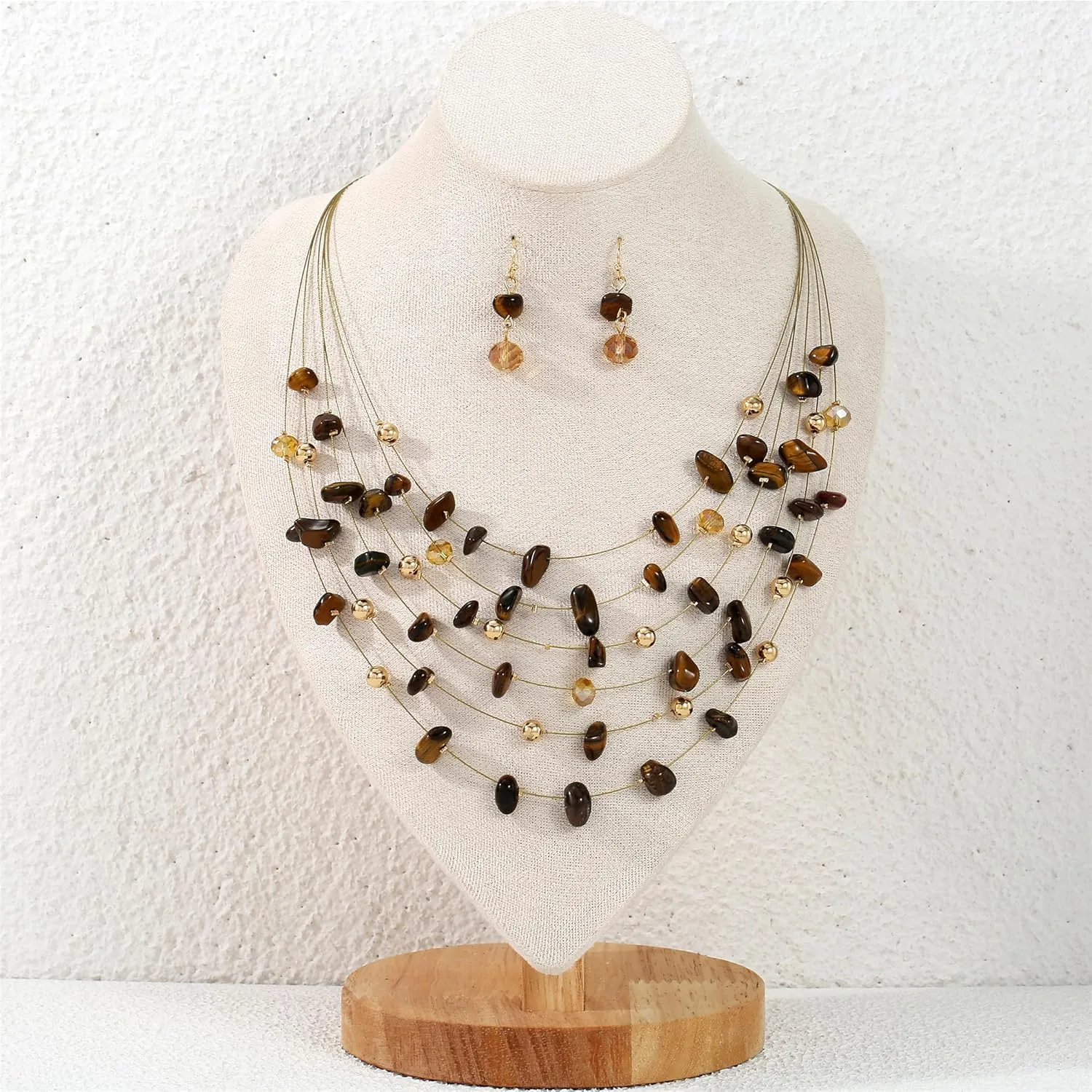 Multi Layered Natural Chips Beads illusion Jewelry Set Colorful Crystal Beaded Necklace and Earrings Costume Statement Jewelry for Holiday Party and Gifts