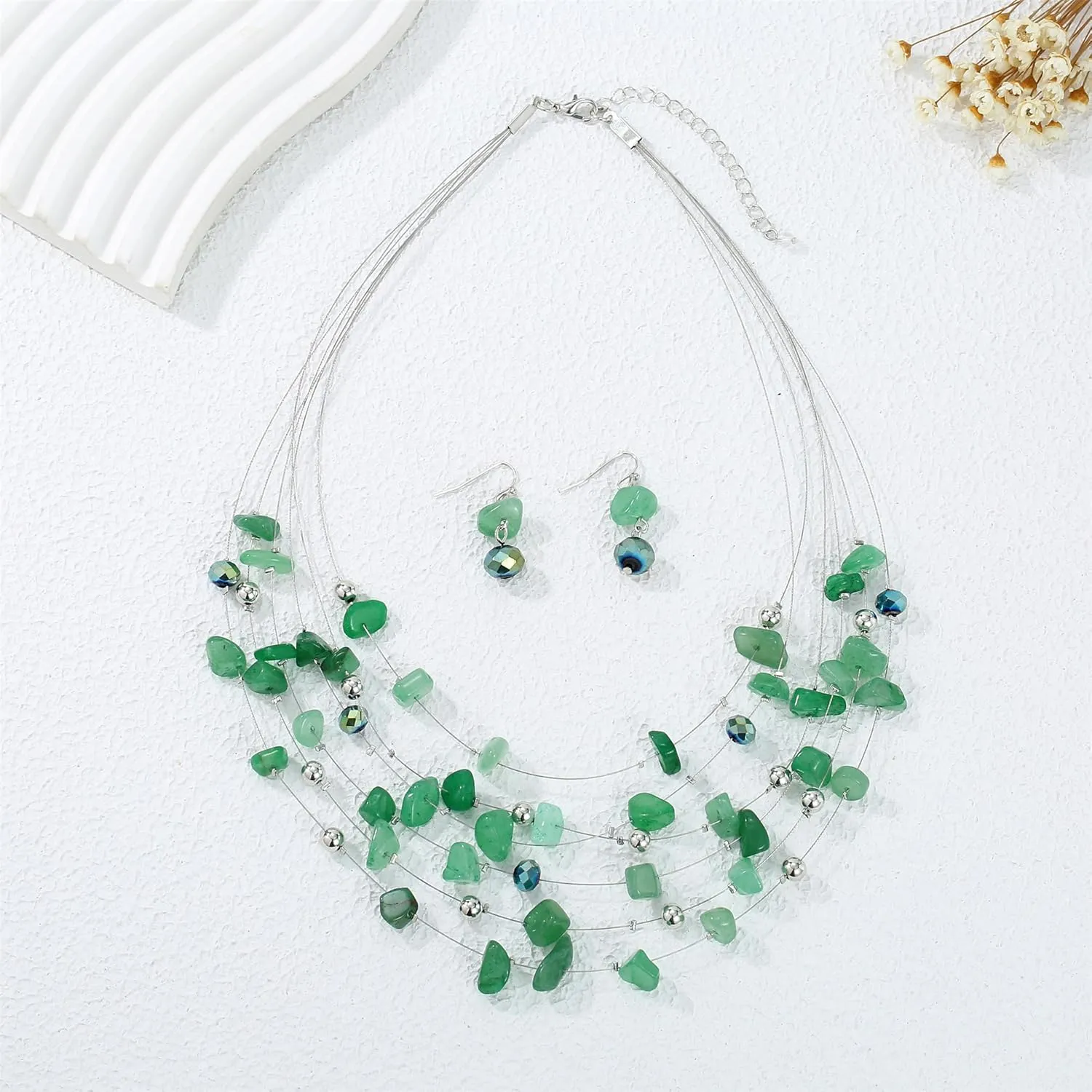 Multi Layered Natural Chips Beads illusion Jewelry Set Colorful Crystal Beaded Necklace and Earrings Costume Statement Jewelry for Holiday Party and Gifts