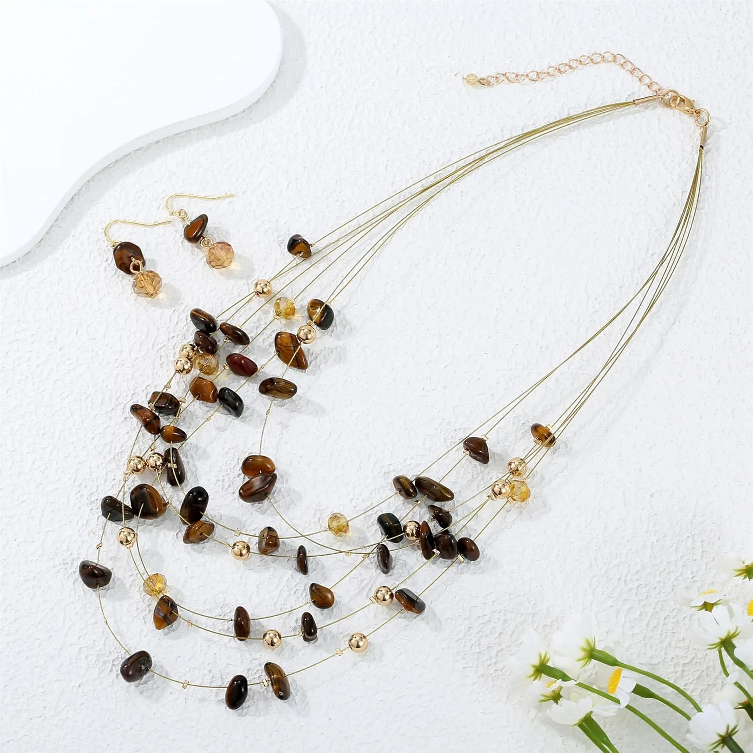 Multi Layered Natural Chips Beads illusion Jewelry Set Colorful Crystal Beaded Necklace and Earrings Costume Statement Jewelry for Holiday Party and Gifts