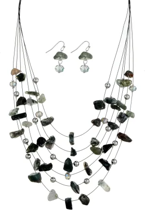 Multi Layered Natural Chips Beads illusion Jewelry Set Colorful Crystal Beaded Necklace and Earrings Costume Statement Jewelry for Holiday Party and Gifts