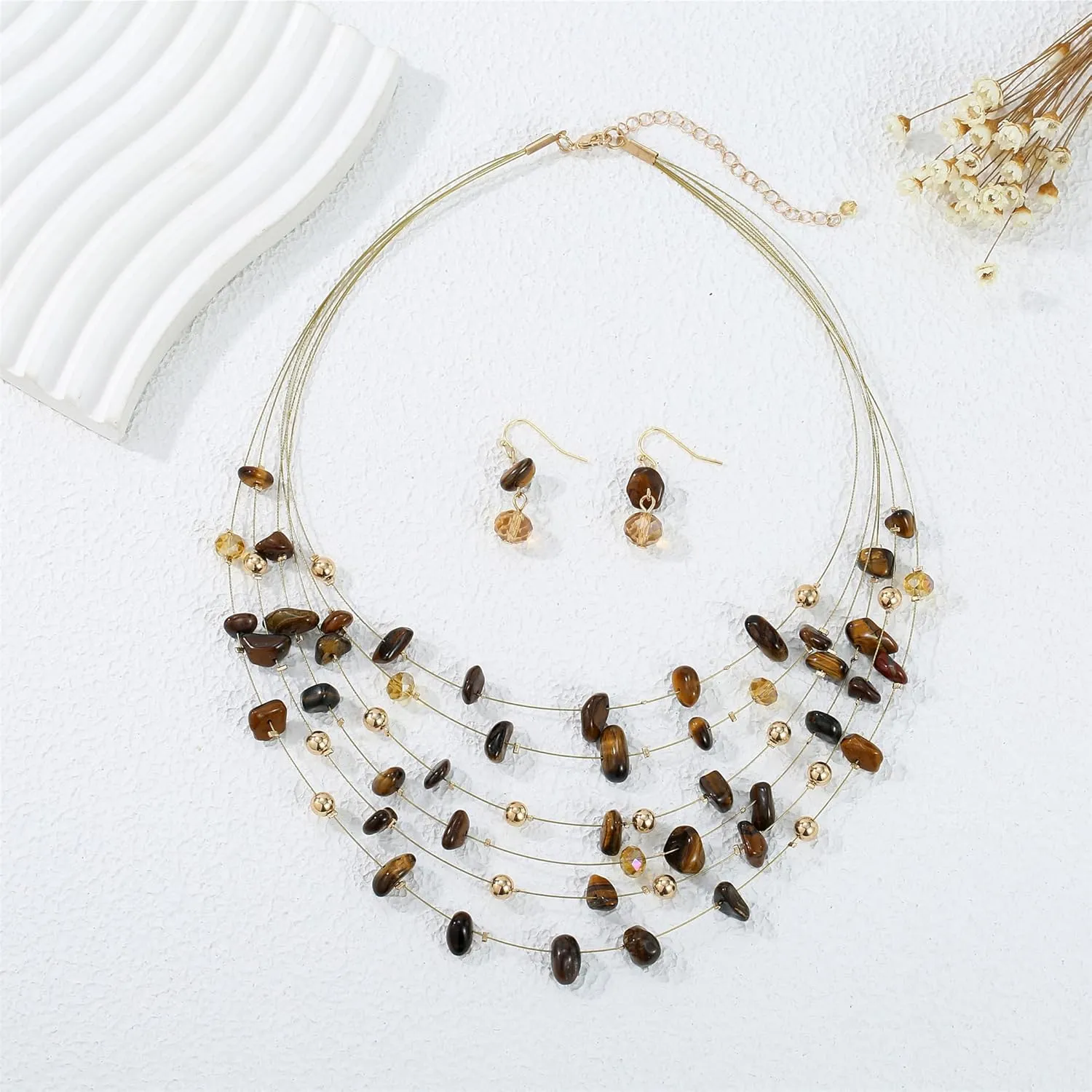 Multi Layered Natural Chips Beads illusion Jewelry Set Colorful Crystal Beaded Necklace and Earrings Costume Statement Jewelry for Holiday Party and Gifts