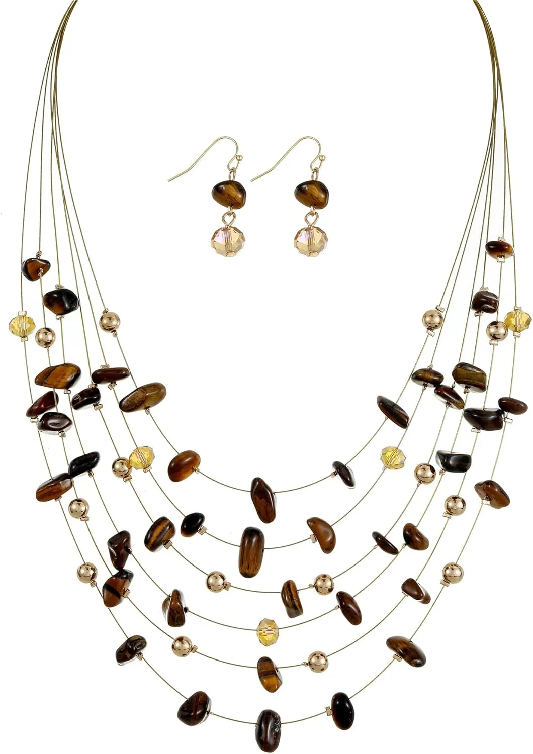 Multi Layered Natural Chips Beads illusion Jewelry Set Colorful Crystal Beaded Necklace and Earrings Costume Statement Jewelry for Holiday Party and Gifts