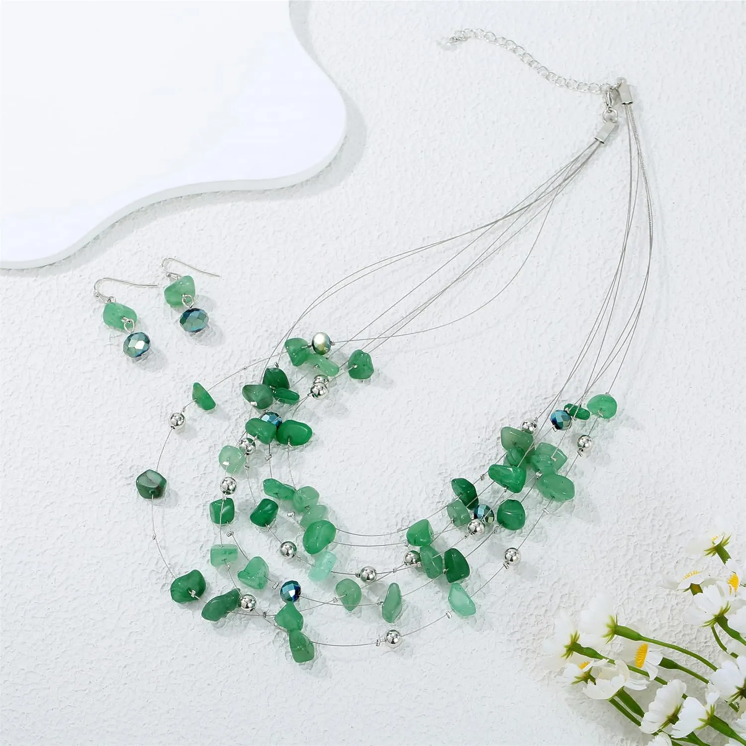 Multi Layered Natural Chips Beads illusion Jewelry Set Colorful Crystal Beaded Necklace and Earrings Costume Statement Jewelry for Holiday Party and Gifts