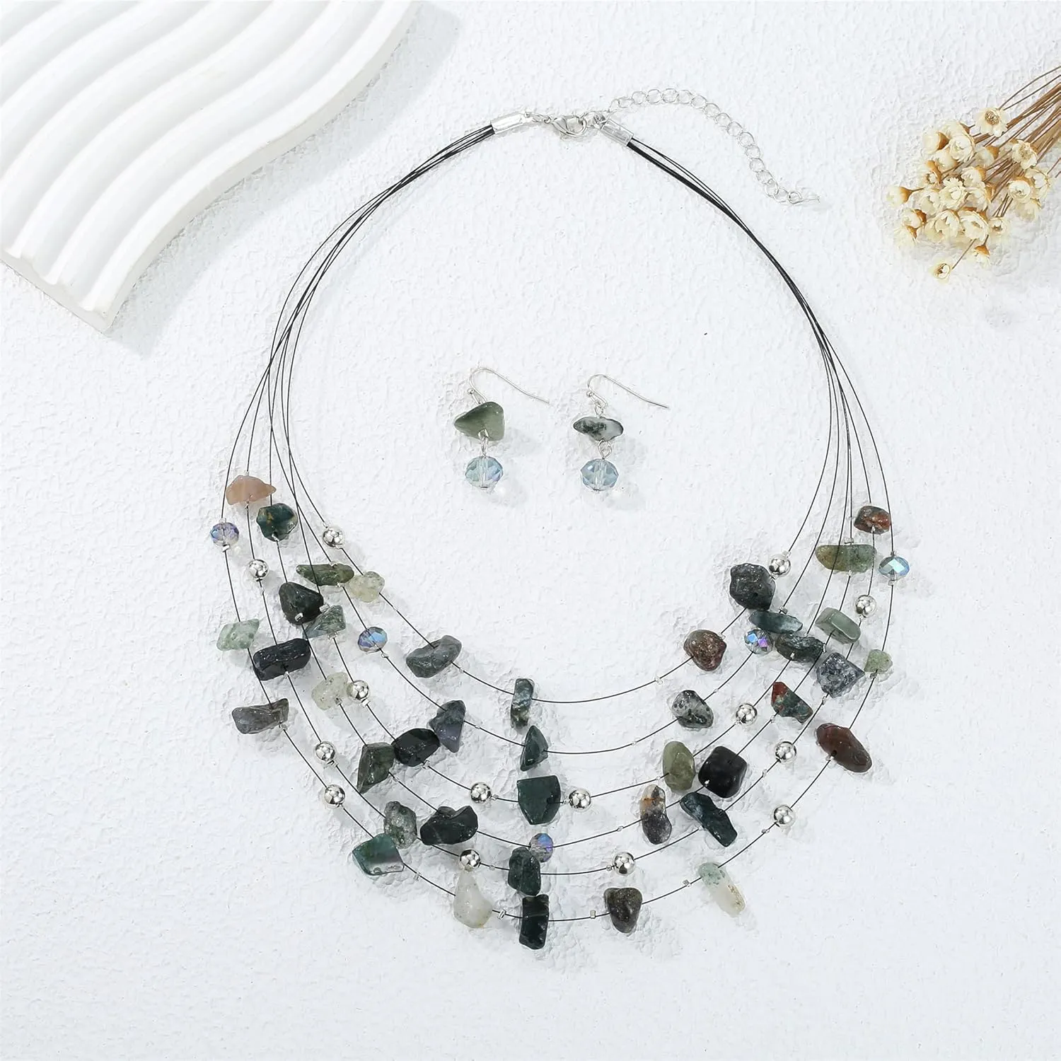 Multi Layered Natural Chips Beads illusion Jewelry Set Colorful Crystal Beaded Necklace and Earrings Costume Statement Jewelry for Holiday Party and Gifts
