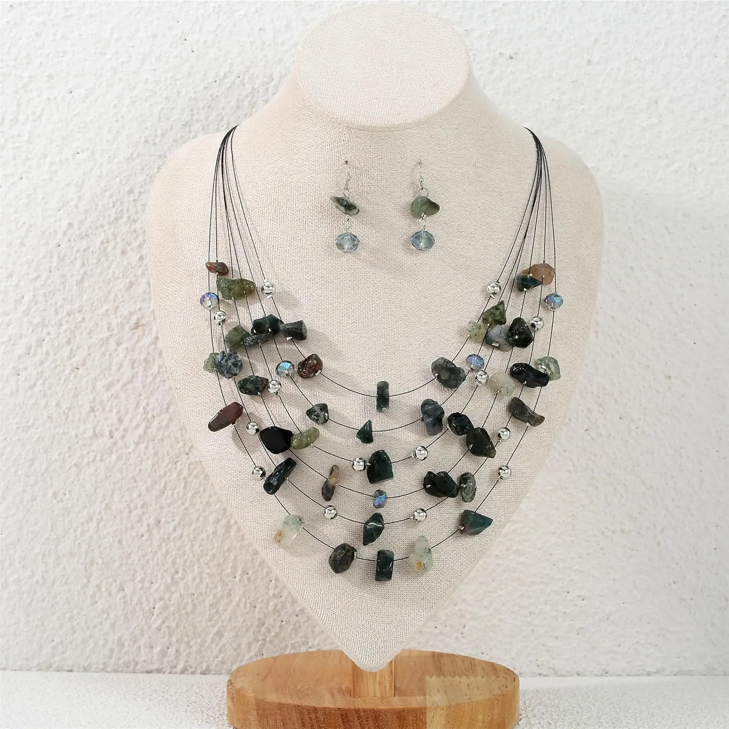 Multi Layered Natural Chips Beads illusion Jewelry Set Colorful Crystal Beaded Necklace and Earrings Costume Statement Jewelry for Holiday Party and Gifts