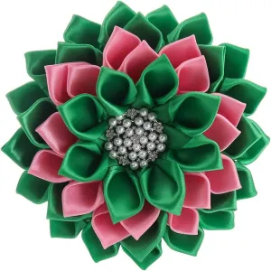 Multi-layered Pink Green Fabric Ribbon Corsage Flower Brooch Pin Club Sorority Jewelry Community Members Gifts