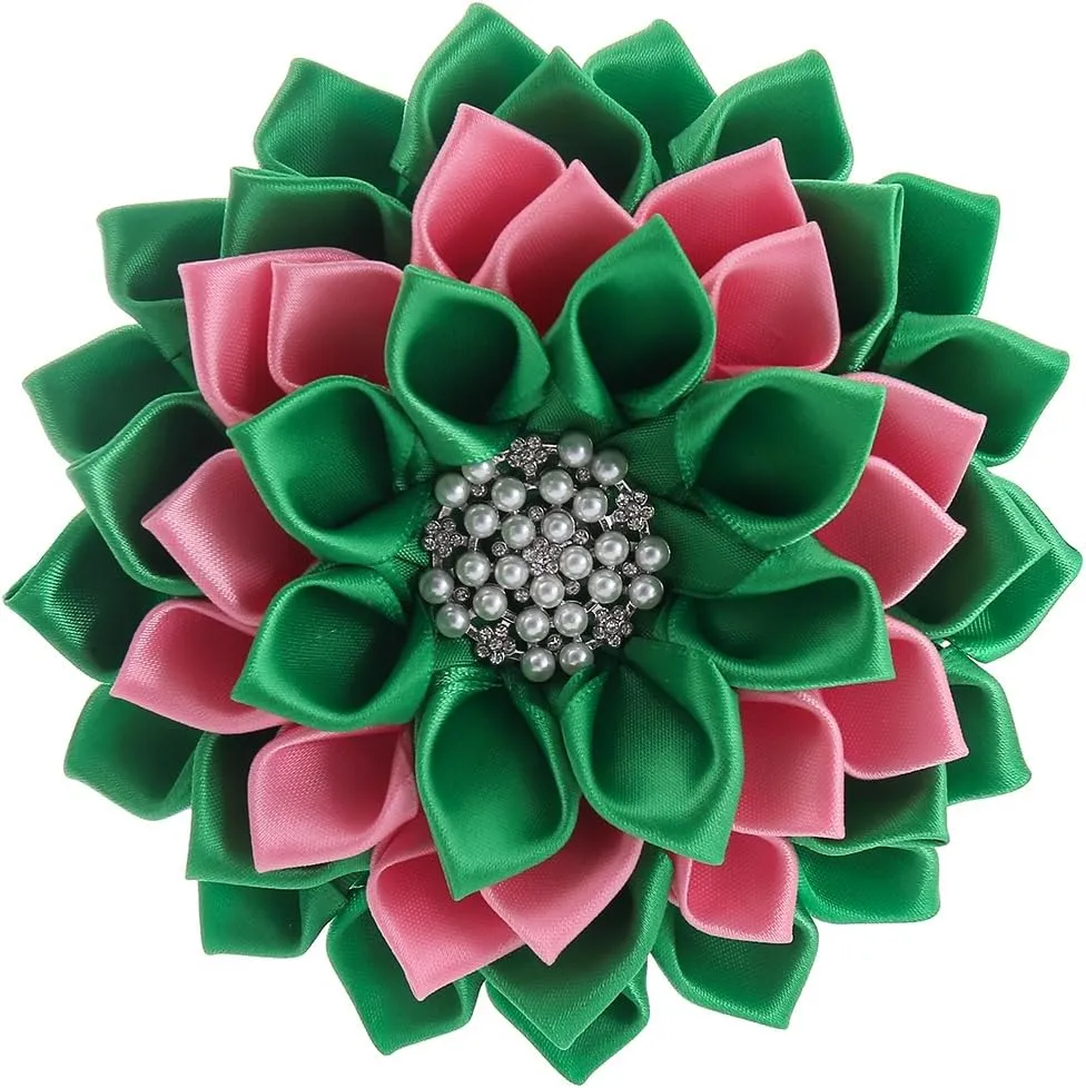 Multi-layered Pink Green Fabric Ribbon Corsage Flower Brooch Pin Club Sorority Jewelry Community Members Gifts