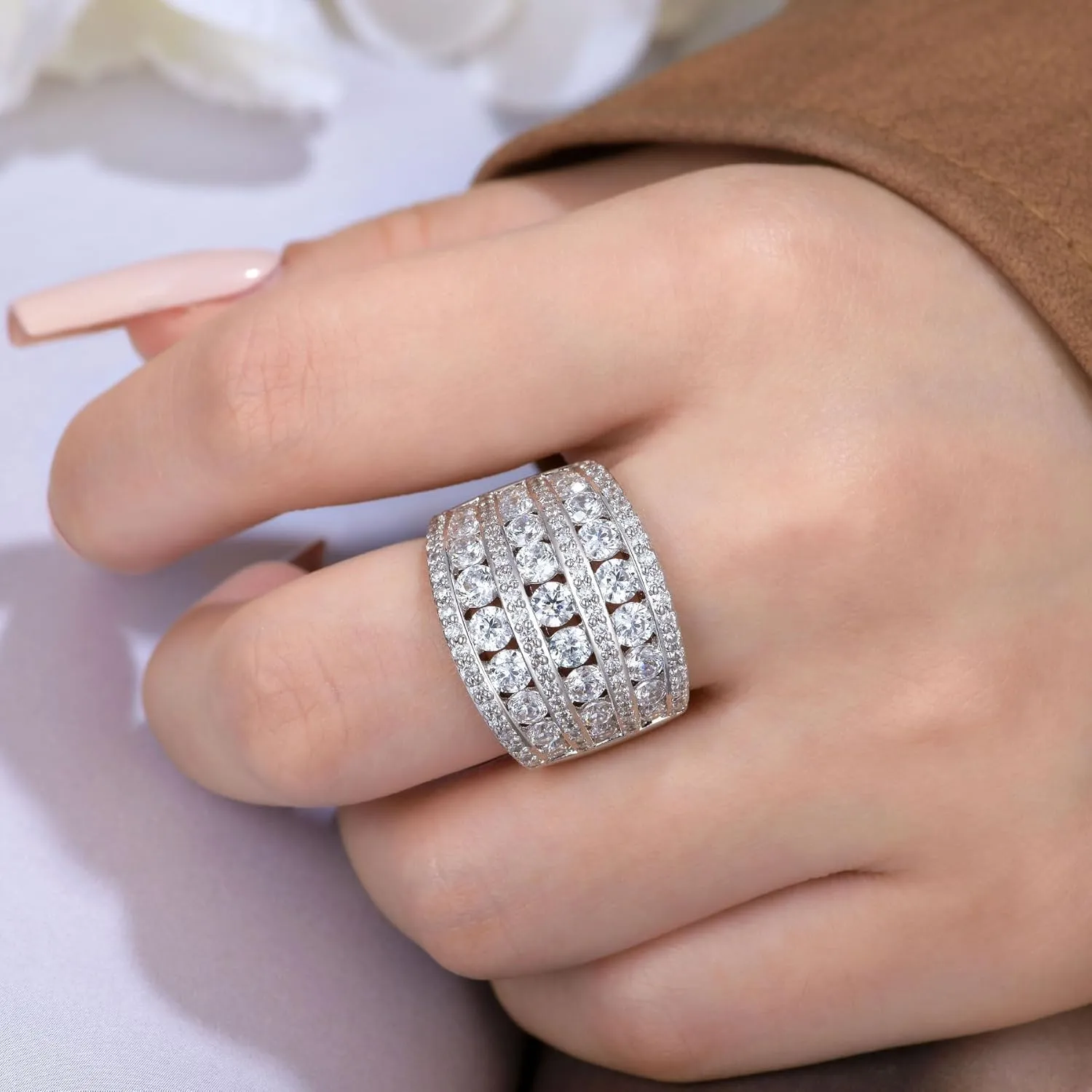 Multi-Row Wide Wedding Bands for Women AAAAA Round Cubic Zirconia 18K White Gold Plated Statement Ring for Women Stackable Cocktail Promise Band Rings Size 5-10