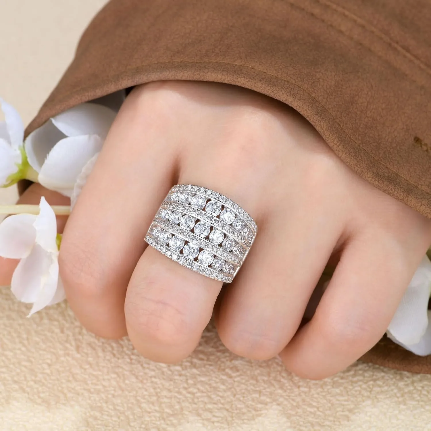 Multi-Row Wide Wedding Bands for Women AAAAA Round Cubic Zirconia 18K White Gold Plated Statement Ring for Women Stackable Cocktail Promise Band Rings Size 5-10
