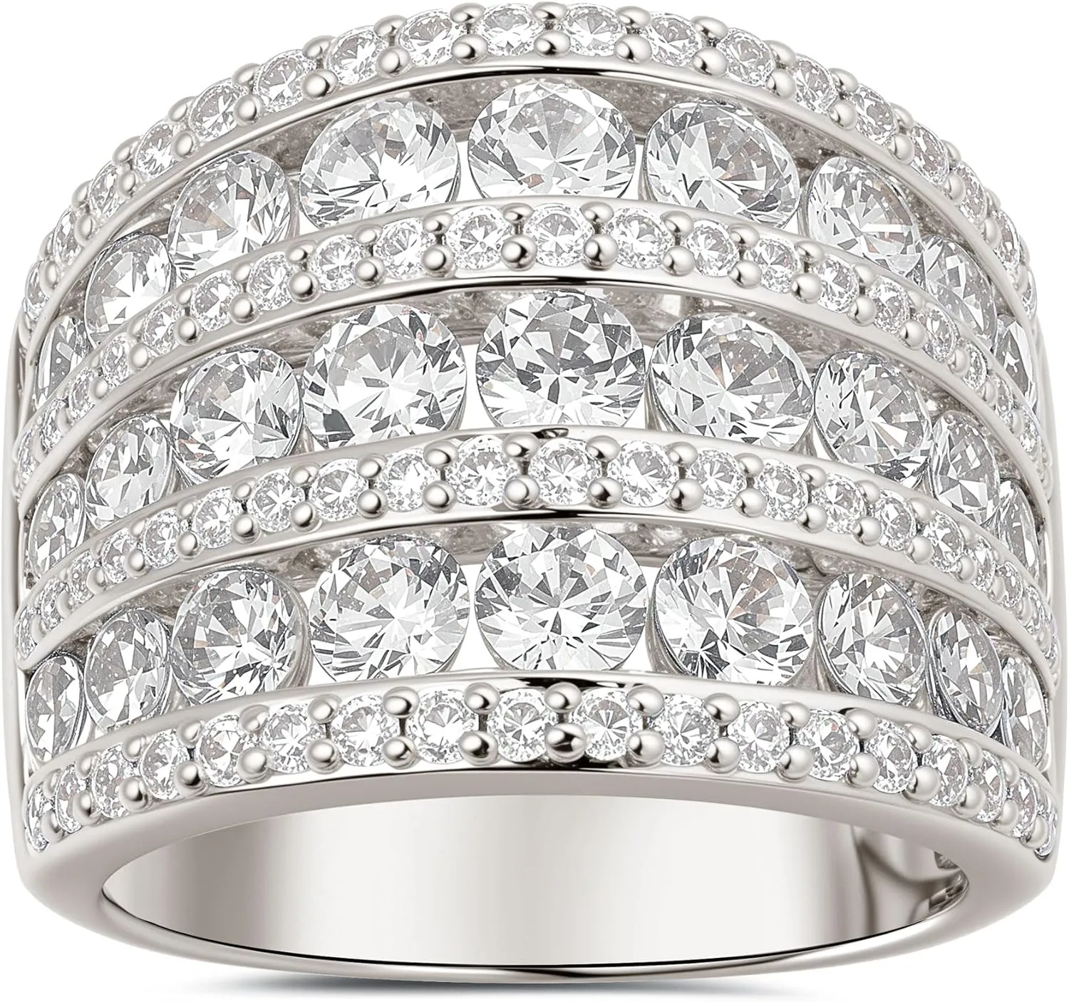 Multi-Row Wide Wedding Bands for Women AAAAA Round Cubic Zirconia 18K White Gold Plated Statement Ring for Women Stackable Cocktail Promise Band Rings Size 5-10