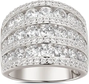 Multi-Row Wide Wedding Bands for Women AAAAA Round Cubic Zirconia 18K White Gold Plated Statement Ring for Women Stackable Cocktail Promise Band Rings Size 5-10