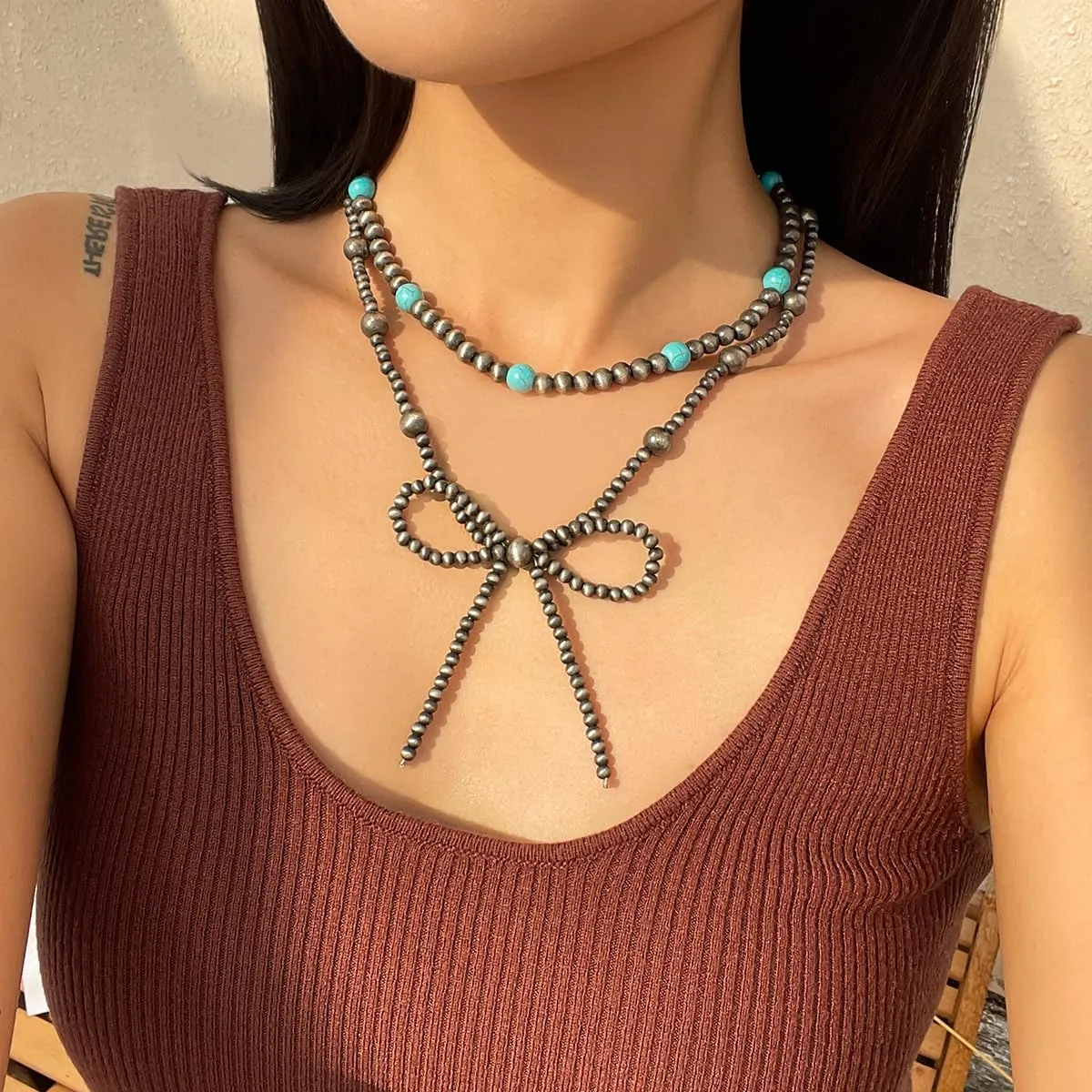 Multi strand Navajo Pearl Necklace Layer Navajo Pearls Western Jewelry for Women Boho Vintage Choker Turquoise Necklaces