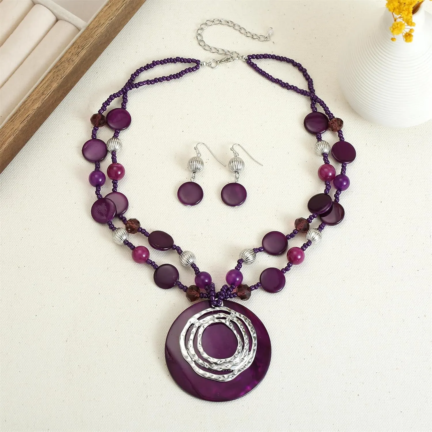 Multilayered Strand Statement Necklaces Set for Women Big Circle Shell Pendant Necklace with Colorful Beaded Chunky Choker Necklace and Earrings.