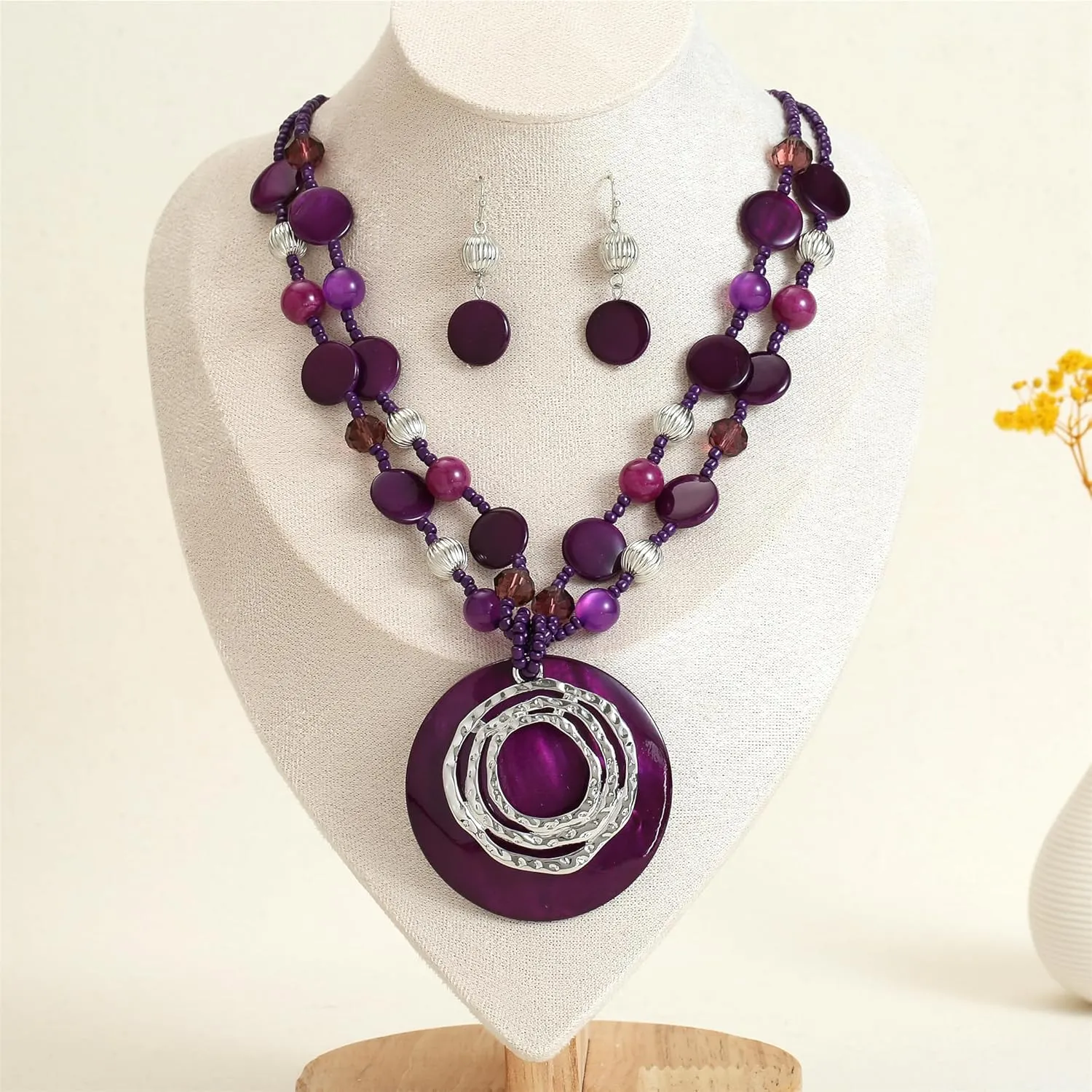 Multilayered Strand Statement Necklaces Set for Women Big Circle Shell Pendant Necklace with Colorful Beaded Chunky Choker Necklace and Earrings.