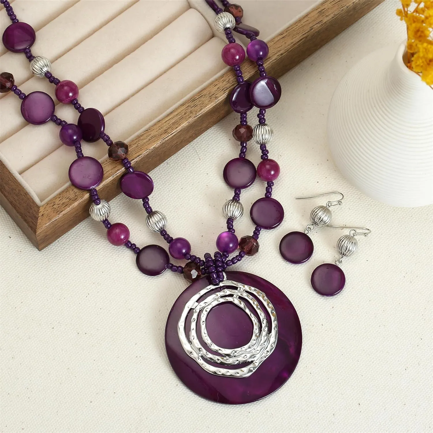 Multilayered Strand Statement Necklaces Set for Women Big Circle Shell Pendant Necklace with Colorful Beaded Chunky Choker Necklace and Earrings.
