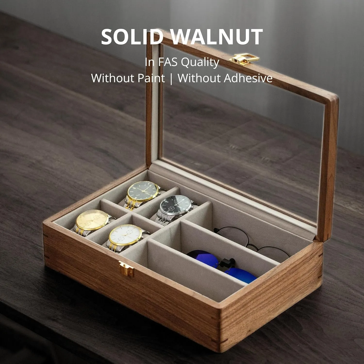 muso wood Watch Box Sunglasses Box, 7 Slot Men's Watch Box, Watch and Sunglasses Organizer with Glass Lid, Watch Box with Removable Velvet Pillow, Father's Day Gift - 7 Slot, Walnut, SN14234