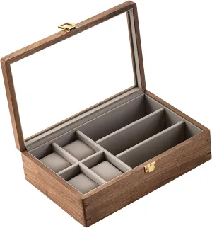 muso wood Watch Box Sunglasses Box, 7 Slot Men's Watch Box, Watch and Sunglasses Organizer with Glass Lid, Watch Box with Removable Velvet Pillow, Father's Day Gift - 7 Slot, Walnut, SN14234