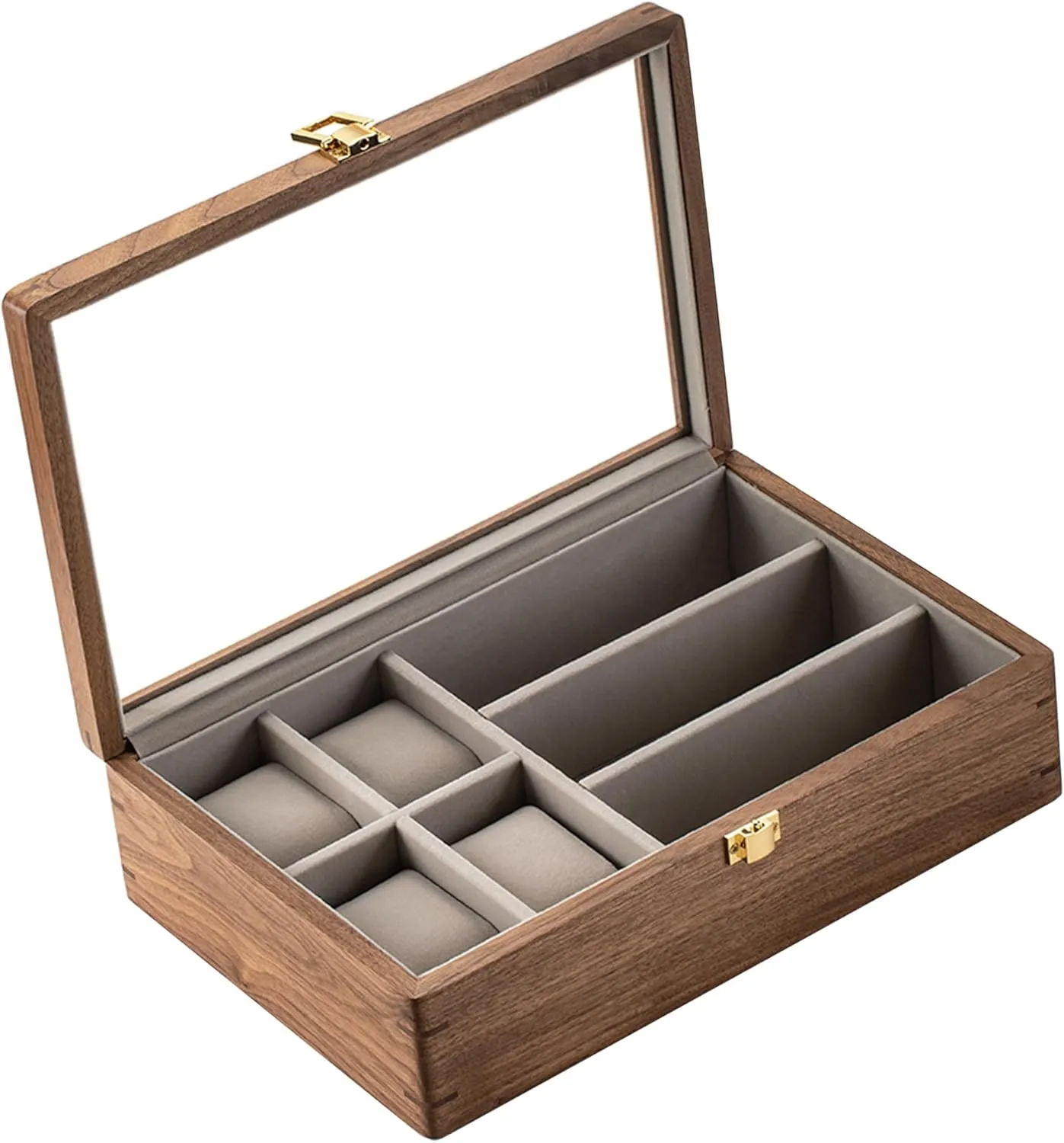 muso wood Watch Box Sunglasses Box, 7 Slot Men's Watch Box, Watch and Sunglasses Organizer with Glass Lid, Watch Box with Removable Velvet Pillow, Father's Day Gift - 7 Slot, Walnut, SN14234