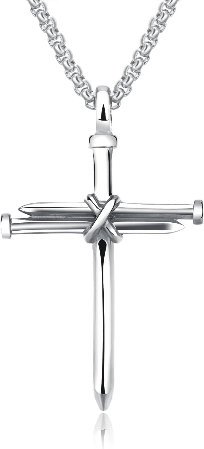 Nail Cross Stainless Steel Pendants Christian Necklace 23" Rolo Chain, 3 Colors