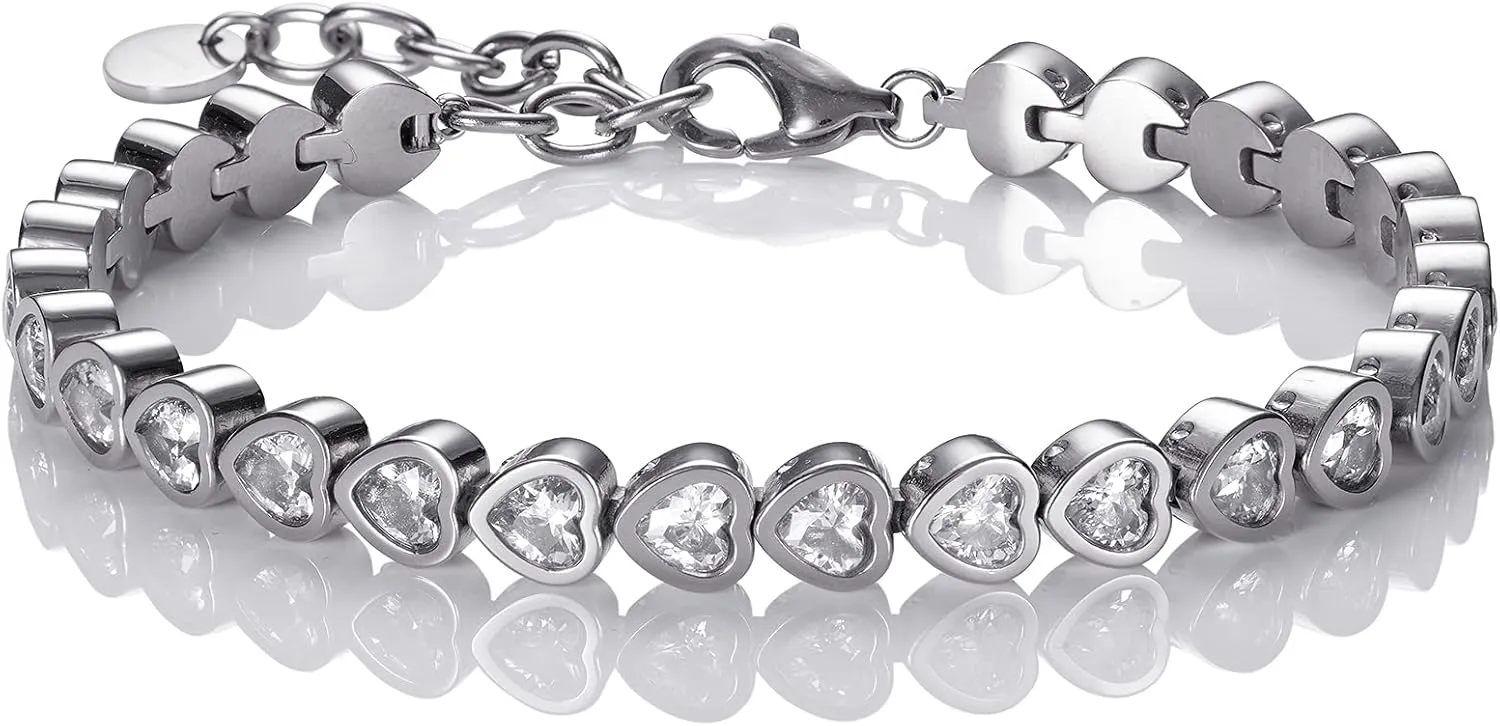 Namana Stainless Steel Tennis Bracelet Set for Women, Heart Shaped Swarovski Crystals, Gold Plated Heart Bracelets