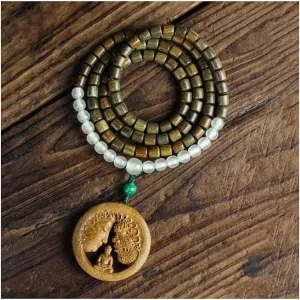 Natural 108 Green Sandalwood Bracelets with Carved Buddha Pendant, Wooden Prayer Beads Bracelets for Meditation